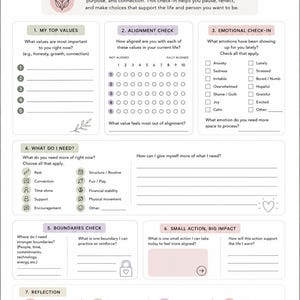 May include: A white therapy check-in worksheet titled Values & Alignment with sections for top values, alignment checks, emotional tracking, needs, boundaries, small actions, and reflection, featuring soft pastel accents and line art illustrations.