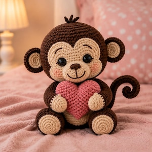 May include: A crocheted monkey stuffed animal made with dark brown and light beige yarn. The monkey has large black safety eyes, a small brown nose, and a stitched smile. It is holding a textured pink heart in its hands and has a curled tail.