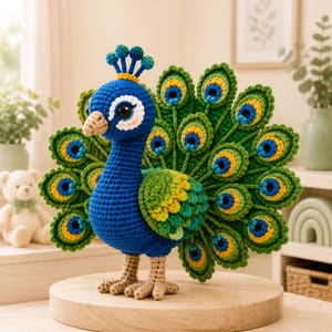May include: A crocheted peacock toy featuring a vibrant blue body, a tan beak and feet, and a large, fanned tail made of green, yellow, and blue circular patterns. The head is adorned with a small crest of blue spheres and large, dark eyes.