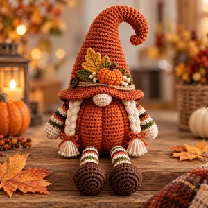 May include: A crochet gnome doll with a tall, curved orange hat decorated with a small pumpkin and leaves. The gnome has a round body shaped like a pumpkin, two cream-colored braided pigtails, and striped legs ending in dark brown rounded feet.