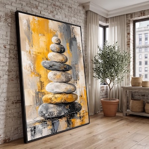 Canvas wanddecoratie met gestapelde stenen, schilderij in zen-balansstijl, abstracte Wabi Sabi-kunst, neutrale decoratie in geelgrijs, minimalistische wanddecoratie met stenen.
