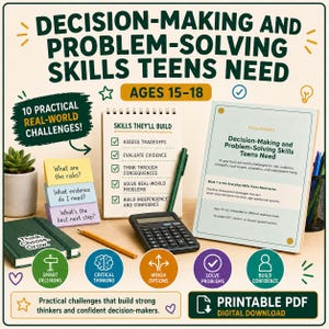 May include: Educational resource titled Decision-Making and Problem-Solving Skills Teens Need for ages 15-18. Includes a spiral notebook with a skills checklist, a calculator, a pencil, a green journal, and a printable PDF guide with 10 challenges.