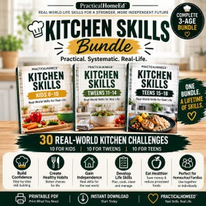 Peut inclure: Un ensemble Kitchen Skills comprenant trois livres pour les enfants de 6-10 ans, les préadolescents de 11-14 ans et les adolescents de 15-18 ans. Il propose 30 défis culinaires, avec des icônes sur la confiance, les habitudes et l'autonomie.
