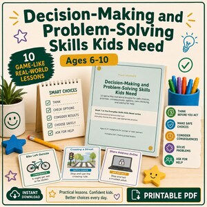 Puede incluir: Un set educativo imprimible titulado Decision-Making and Problem-Solving Skills Kids Need para edades de 6 a 10 años. Incluye un libro de lecciones, un bloc de notas Smart Choices, tres tarjetas de escenarios ilustradas, un lápiz y gomas estrella.