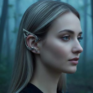 Puede incluir: Un pendiente de tipo ear cuff de plata con intrincados filigranas que se extienden a lo largo del borde exterior de la oreja. El accesorio de metal tiene un acabado pulido y sigue la curva natural del cartílago de la oreja.