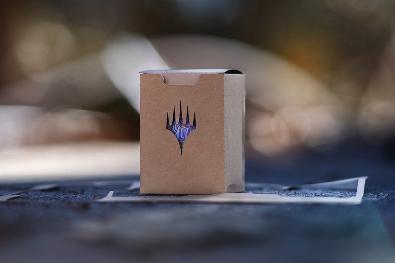 May include: A brown cardboard box featuring a die-cut logo of a stylized crown. The box is closed and likely contains a collectible card game. The background is blurred, suggesting an outdoor setting.