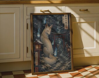 Kitsune Fox Spirit Poster, Japanese Woodblock Print, Torii Gate Wall Art, Ukiyo-e Style