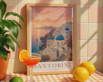Santorini Greece Travel Poster, Blue Domed Church Wall Art, Greek Island Print