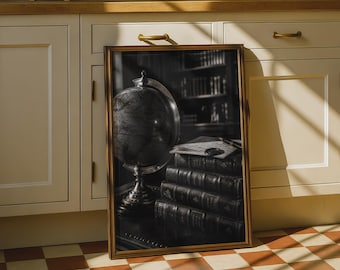 Vintage Globe Library Poster, Dark Academia Study Wall Art, Black White Print