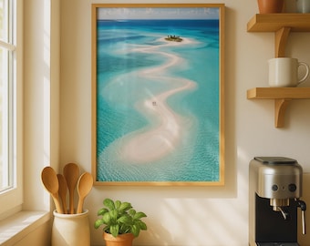 Tropical Sandbar Digital Art Print, Aerial Ocean View, Turquoise Sea Coastal Wall Art