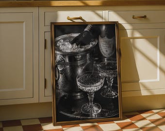 Champagne Coupe Glasses Black White Print, Luxury Bar Cart Wall Art Poster