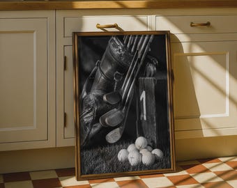 Vintage Golf Print, Black White Classic Clubs Wall Art, Retro Sport Decor