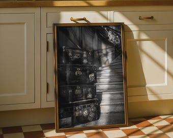 Vintage Travel Suitcases Black White Poster, Old Luggage Art Print, Grand Staircase