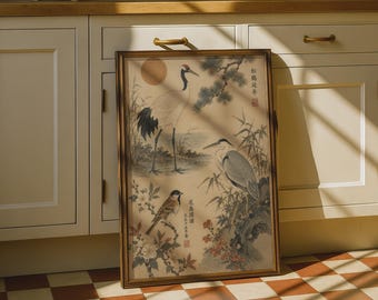 Japanese Woodblock Bird Print, Crane Heron Sparrow Wall Art, Vintage Floral Poster