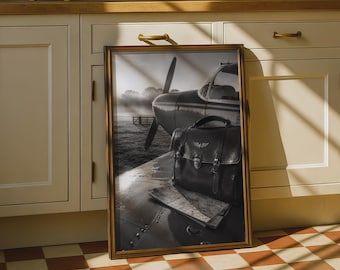 Vintage Aviation Poster, Black White Propeller Plane Print, Old Money Decor