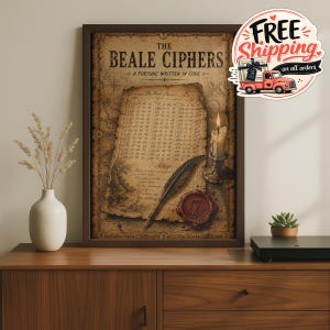 May include: A framed wall art print titled The Beale Ciphers, A Fortune Written In Code. The image features a weathered parchment with numerical columns, a black quill pen, a lit candle in a holder, and a red wax seal with the number 7.
