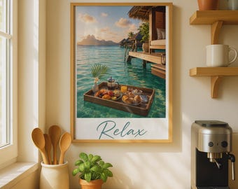 Tropical Overwater Bungalow Art Print, Bora Bora Beach House Wall Decor (Digital Download)