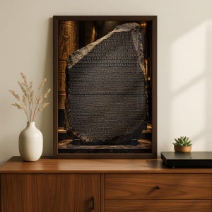 May include: A framed wall art print depicting the Rosetta Stone, a dark, jagged slab of granodiorite covered in dense, ancient inscriptions. The stone is displayed on a dark base, with a blurred background showing Egyptian-style columns.