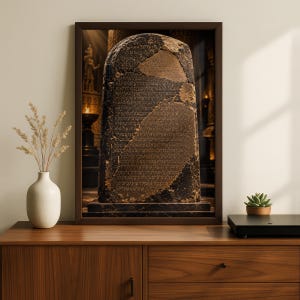 May include: A framed wall art print depicting a dark, weathered stone stele with ancient inscriptions. The rectangular stone slab features a rounded top and visible cracks, set against a dimly lit background with a statue and a glowing fire.