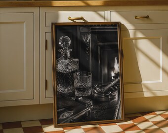 Whisky Decanter Cigar Fireplace Art Print, Old Money Dark Academia Poster, Men's Study Wall Art