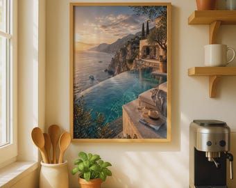 Infinity Pool Sunset Print, Mediterranean Villa Wall Art (Digital Download)