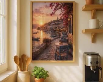 Greek Harbour Sunset digital art print, Mediterranean coastal wall art, bougainvillea