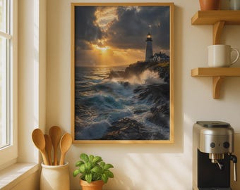 Lighthouse Sunset Digital Art Print, Stormy Coastal Cliffs, Dramatic Seascape Wall Art
