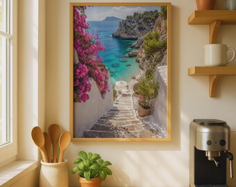 Greek Island Digital Art Print, Mediterranean Sea, Bougainvillea Coastal Wall Art