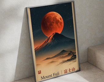 Japanese vintage-style digital art print, Mount Fuji blood moon, midnight sky, rich reds and navy tones wall decor