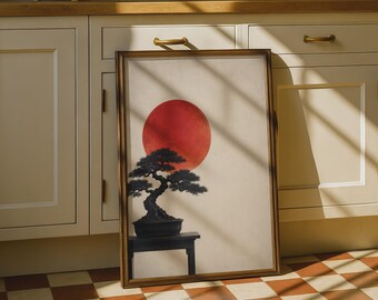 Bonsai Tree Red Sun Poster, Japanese Minimalist Wall Art, Zen Print, Vintage Style