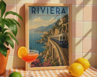 Riviera Coastal Rail Journey Vintage Travel Poster, French Riviera Train Wall Art Print