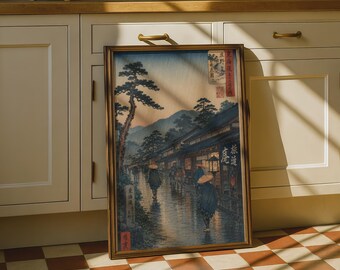 Japanese Woodblock Print Rainy Street Scene, Tokaido Road Vintage Wall Art Poster