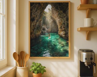 Sea Cave Paddle Board digital art print, Turquoise Water, Coastal Adventure Wall Art