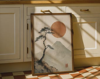 Japanese Pine Tree Sun Mountain Wall Art, Zen Vintage Poster, Earthy Neutral Decor