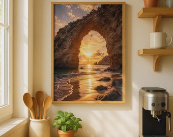 Rock Arch Sunset Beach digital art print, coastal cliff ocean golden light wall art