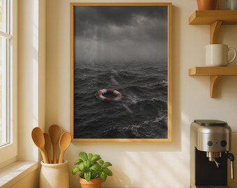 Stormy Ocean Life Ring Print, Moody Sea Wall Art, Cinematic Monochrome Nautical (Physical Print)