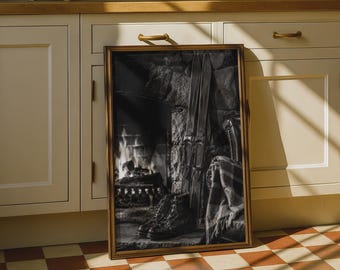 Vintage Ski Lodge Print, Black White Alpine Fireplace Wall Art