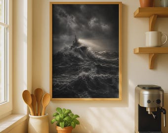 Dramatic Storm at Sea Ship Print, Dark Nautical Ocean Wall Art (Digital Download)