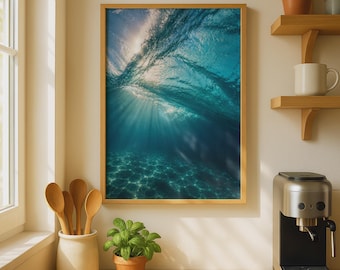 Underwater Ocean Wave Digital Art Print, Teal Blue Sea, Coastal Wall Art, Surf Decor