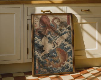 Japanese Woodblock Ocean Monsters Poster, Octopus Koi Crane Wave Wall Art Print
