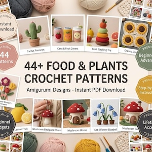 Könnte beinhalten: Eine Sammlung von über 44 Häkelanleitungen für Lebensmittel und Pflanzen mit Amigurumi-Designs. Das Bild zeigt verschiedene fertige Projekte, darunter einen Kaktus, ein Stapelspielzeug, ein Pilzhaus und verschiedene Blumenarrangements.