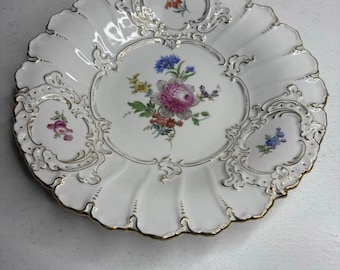 Meissen Porcelain Gold Shallow Floral Plate Charger Vintage