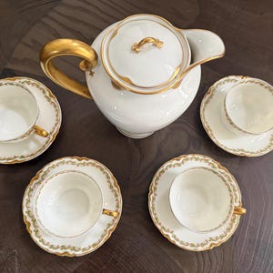 Juego de tazas y teteras antiguas Haviland Limoges, aniversario de plata, diseño de trébol.