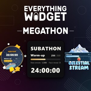 Op de afbeelding: Een digitale afbeelding met de titel EVERYTHING WIDGET MEGATHON met drie verschillende afteltimers. De centrale vierkante widget toont SUBATHON Warm-up 250/500 met een voortgangsbalk en een 24:00:00 timer. De zijwidgets tonen timers en balken.