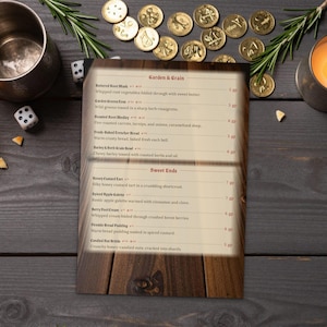 May include: A rectangular menu card titled Garden & Grain and Sweet Ends, featuring a list of food items with prices in gold coins. The menu is placed on a dark wooden surface surrounded by two lit candles, a metal mug, dice, and rosemary sprigs.