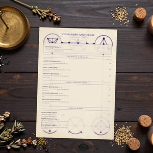 May include: A cream-colored menu titled Whisperroot Apothecary with purple text and geometric line art. The document lists various potions under categories like For Battle & Bravery, Tonics for the Weary, and Curious & Rare, printed on paper.