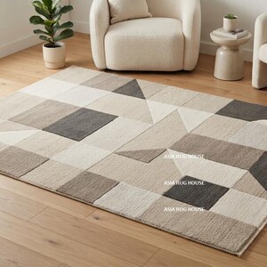 Tappeto in lana trapuntato a mano, patchwork geometrico, tappeto neutro avorio beige grigio