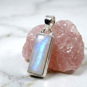 Rectangular Rainbow Moonstone Pendant Necklace | Sterling Silver Bar Gemstone Jewelry