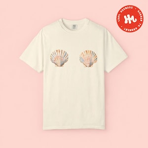 Aquarel schelpen bh T-shirt | Comfort Colors Shells Graphic Tee, strandachtige nautische stijl T-shirt