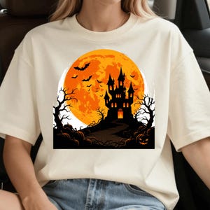 Halloween-tröja med spökslott, Halloween-tröja med eldmåne, läskig pumpa-lapp, Halloween-present, unisex XS-5XL